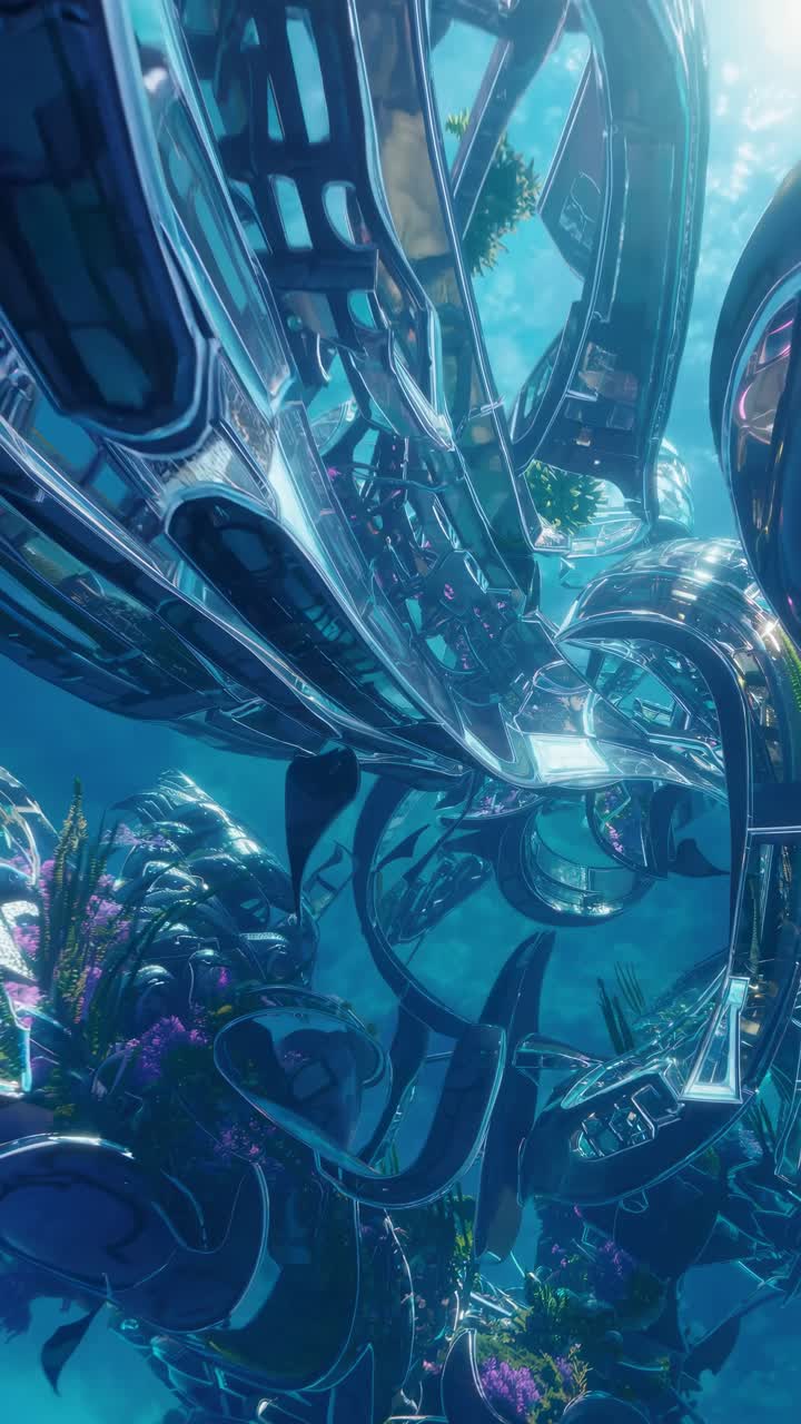 Futuristic underwater scene with metallic structures and plants, captured from a low angle