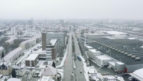 drone aerial views of the student town göttingen during winter in heavy snowfall