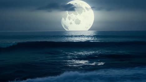 la luz de la luna se refleja en la superficie del océano mientras las olas chocan contra la orilla, creando una atmósfera serena y pacífica.