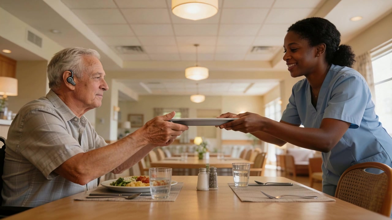 Handing caregiver in blue scrubs approaching offering covered white plate at dining area for lunch