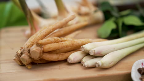 galangal, kaffir lime leaves, fingerroot and lemongrass, thai cuisine ingredients for tom kha soup