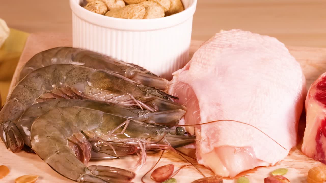 Close-up of shrimp, raw meat cuts, and assorted nuts on a wooden board.