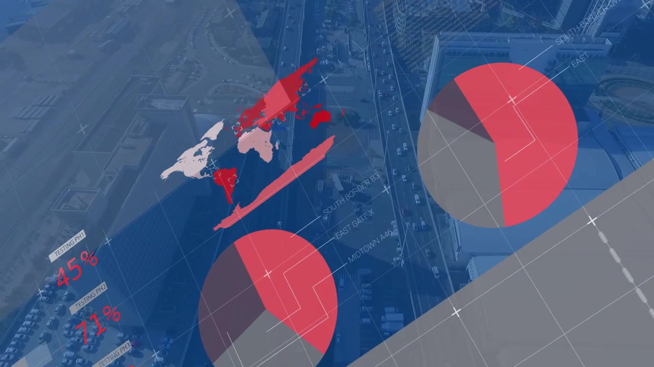 Animating composite data visuals over coastal aerial highway, showing pie charts, bars, world map