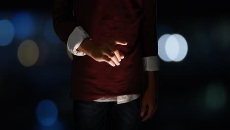 men touching a holographic screen in a dark room 4k