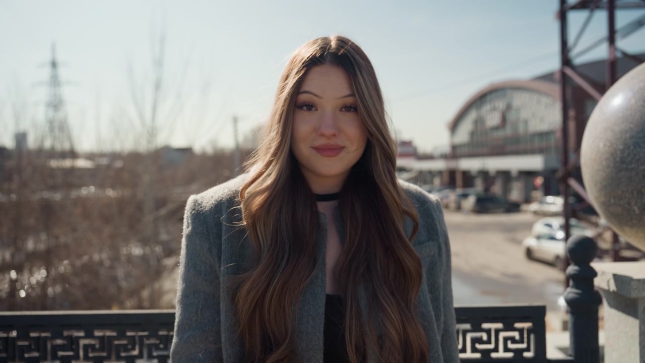Primo piano di una bella donna asiatica su un ponte, con la luce solare dorata che accentua gli occhi e le ciocche, trucco discreto, tonalità della pelle calde, sguardo intimo verso la fotocamera, ritratto di bellezza cinematografico, look alla moda raffinato.