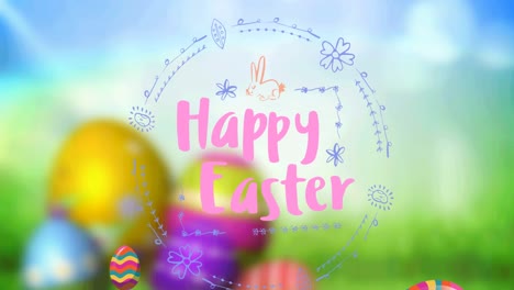 animation of happy easter text in round frame over decorated easter eggs on out of focus background