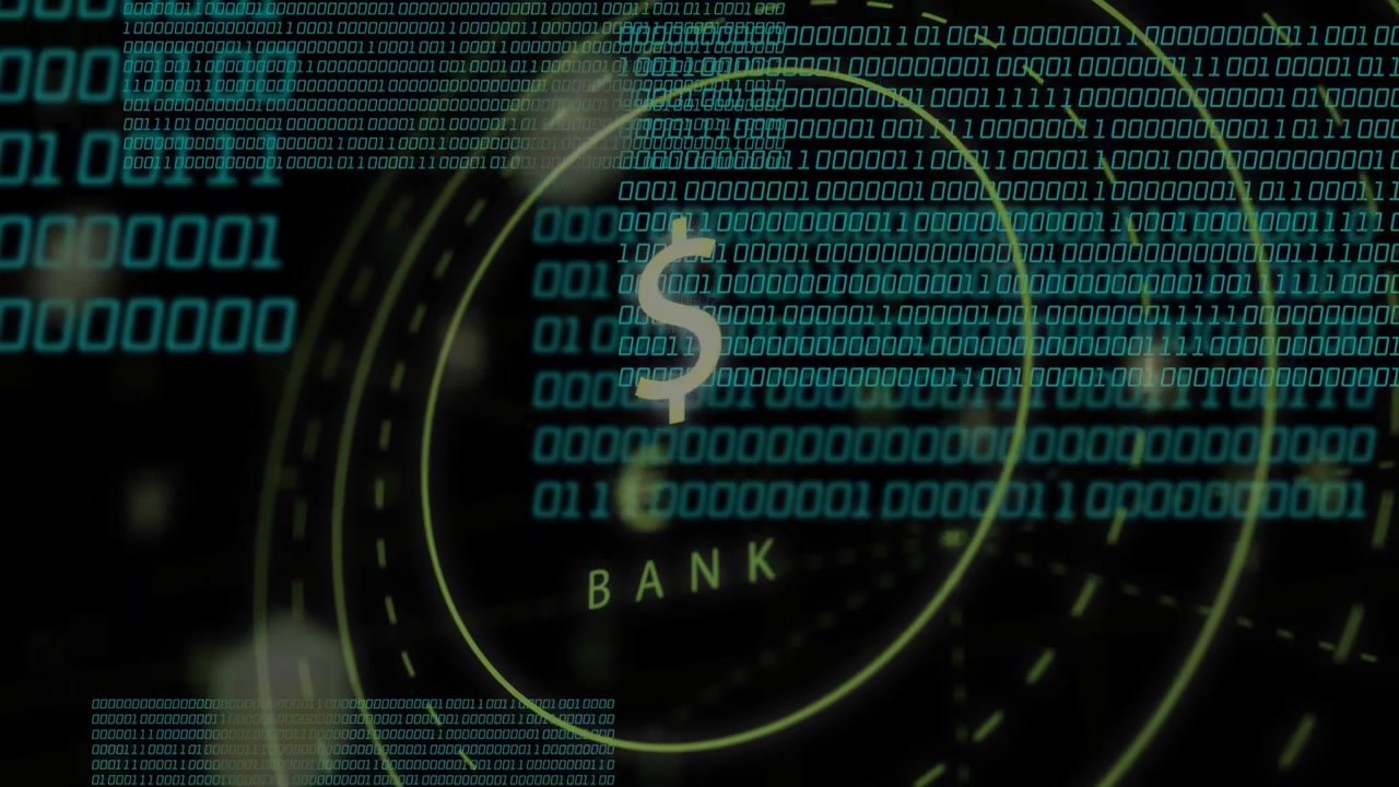 Türkisfarbene Binärpanels gleiten herein, stapeln sich und verdecken BANK um ein zentrales $-Zeichen, Bankdaten anzeigend