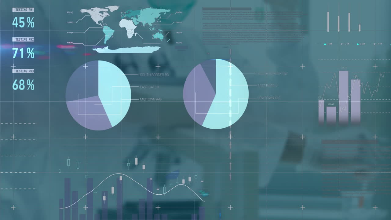 Colleagues reviewing tech dashboard in office, interacting with animated pie charts and line graphs