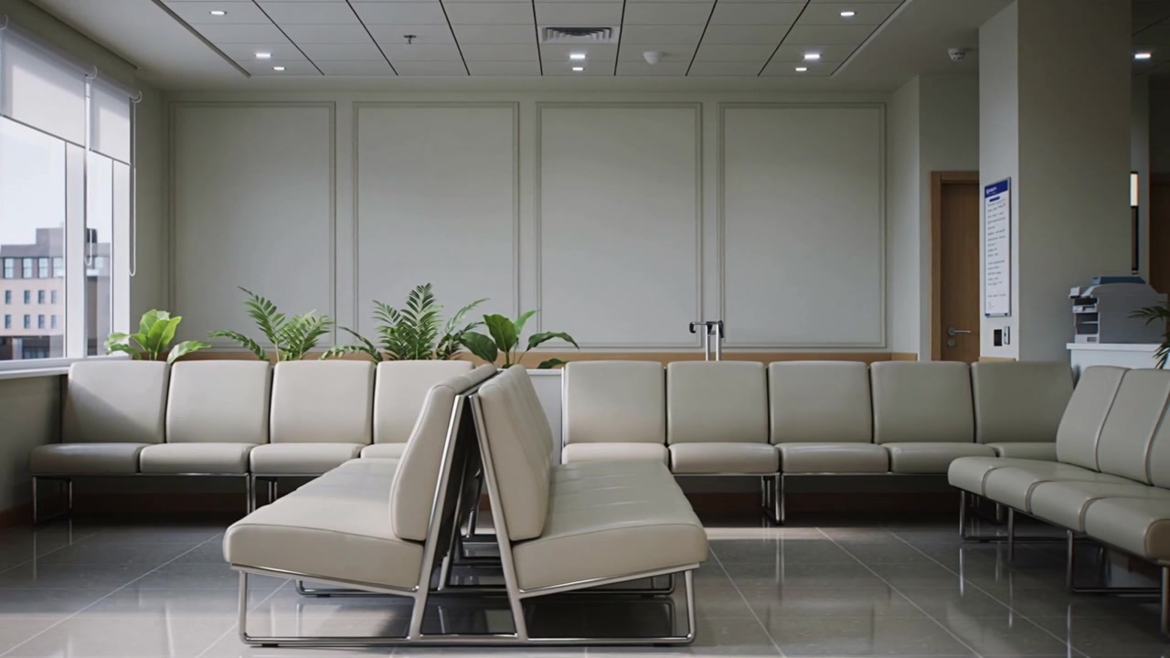 Sliding camera moving beige double-sided bench into center at clinic, revealing chairs and printer