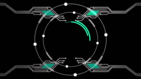 animación digital de formas abstractas circulares que se forman contra la conexión del microprocesador en el respaldo negro