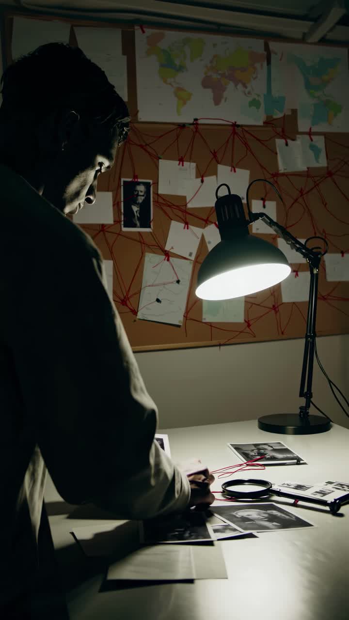 A dramatic, low-angle shot of a detective analyzing photos on a desk, with a board of clues