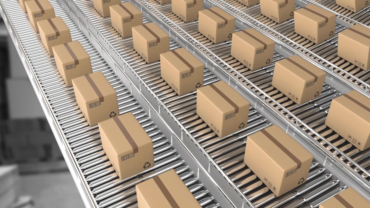 Animation of boxes on conveyor belt in warehouse