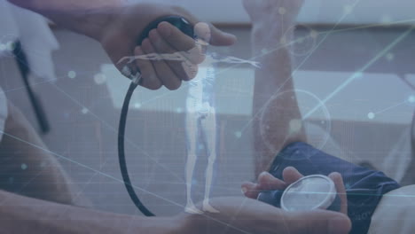 animação de rede de conexões sobre médico caucasiano tomando pressão