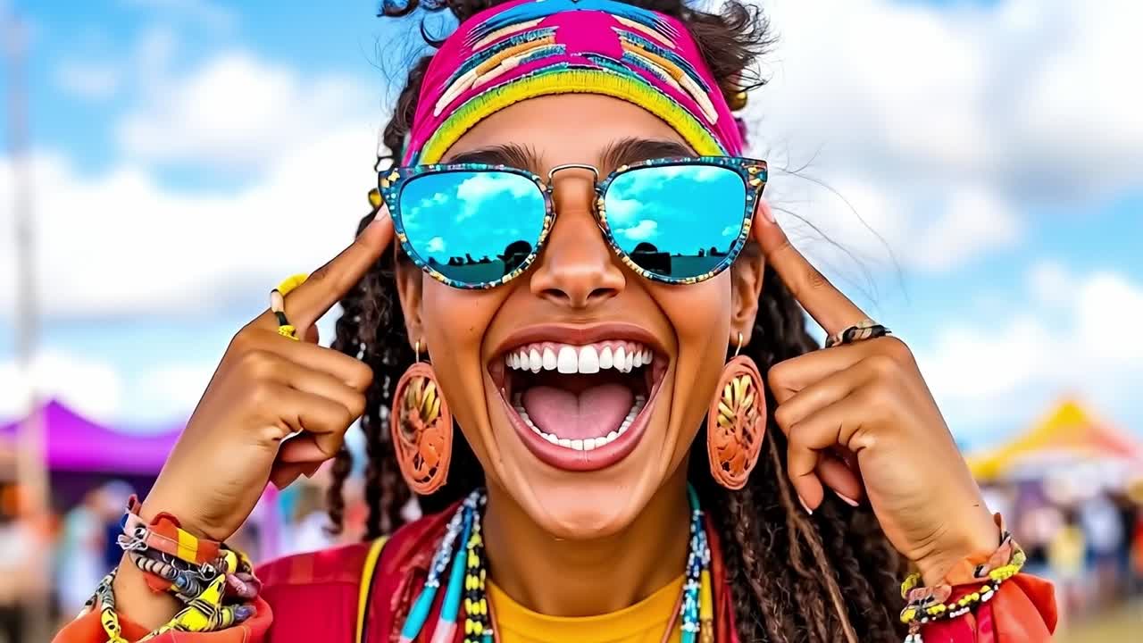 A woman with dreadlocks wearing sunglasses and a colorful headband