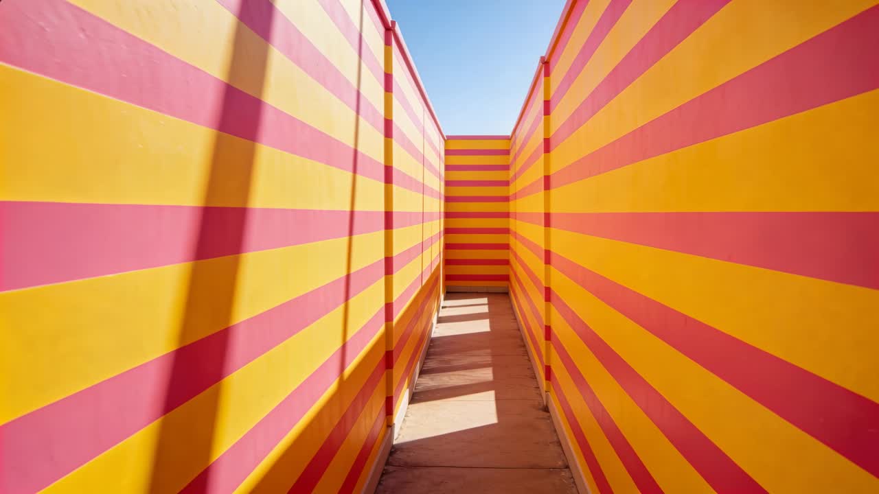 Início do movimento da câmera por um corredor, revelando paredes amarelo-magenta com luz solar e sombras em movimento