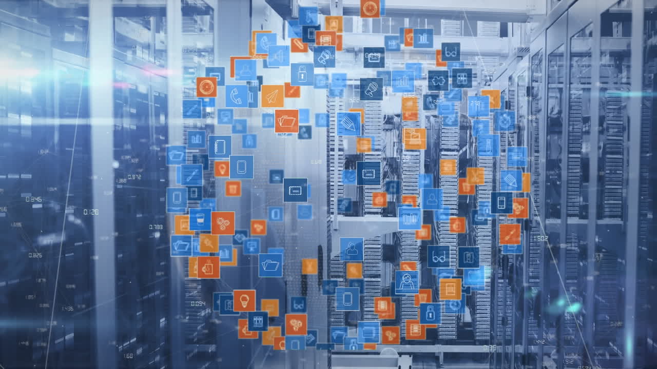 Animation of light spot, spinning globe of digital icons and mosaic squares against server room