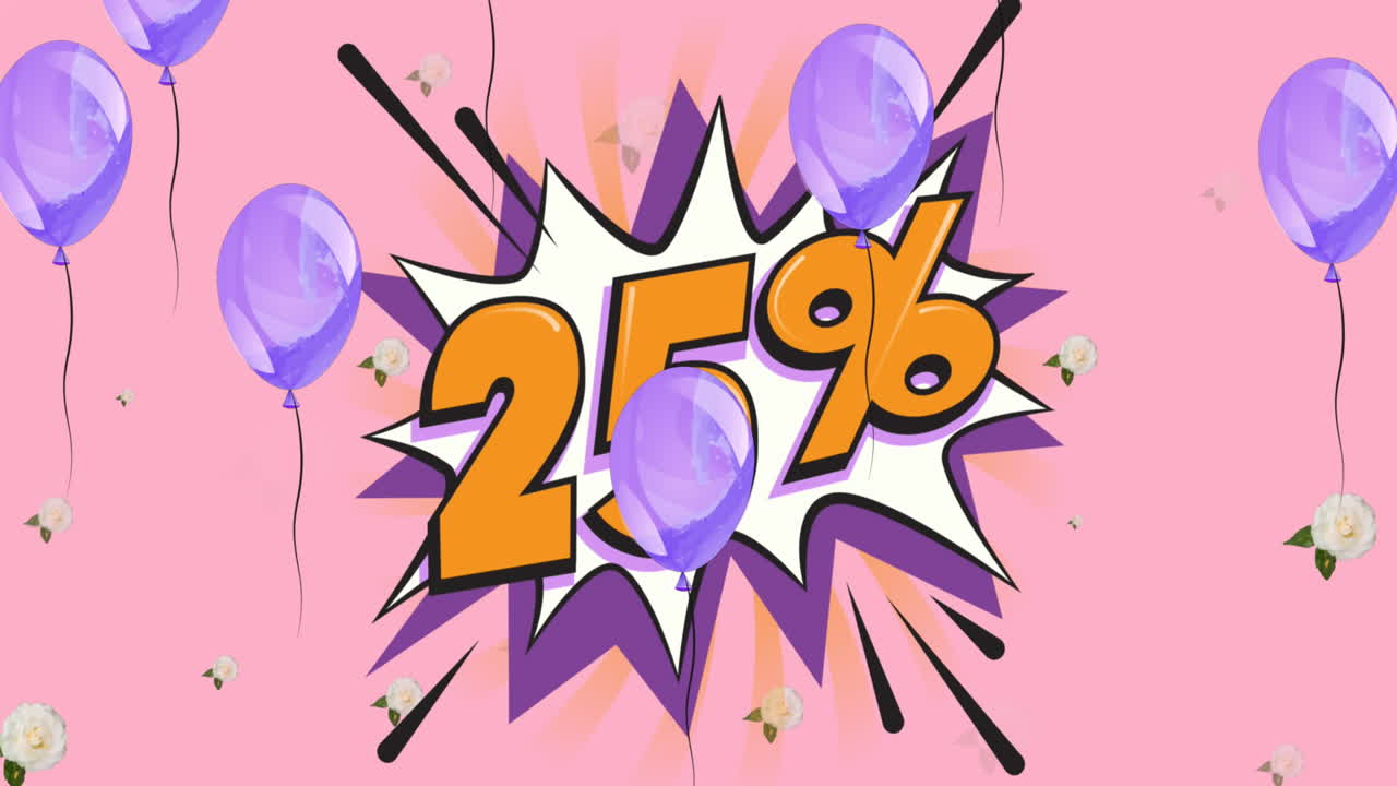 animación de globos azules más del 25 por ciento de texto sobre fondo rosa