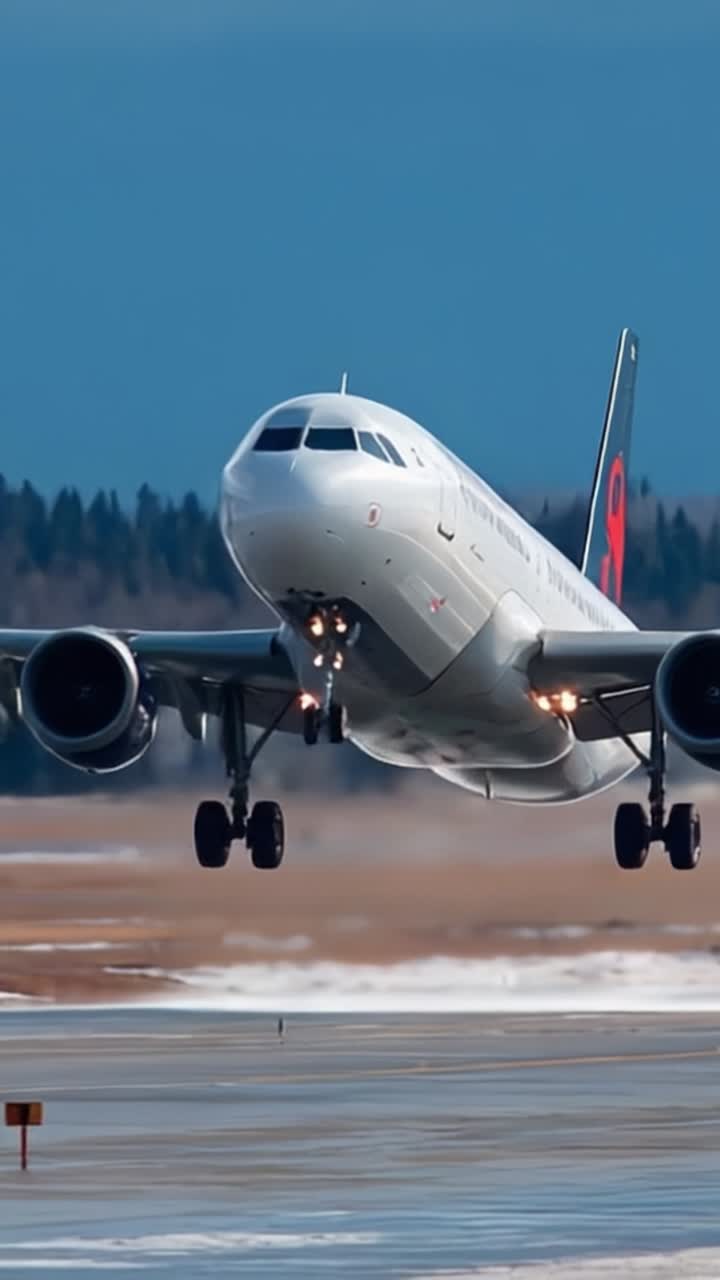 Un aereo decolla con grazia da una pista, mostrando la sua potente ascesa e il movimento dinamico contro uno sfondo di cielo aperto e le condizioni della pista.