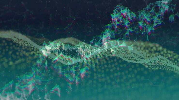 Abstract digital waveforms and geometric shapes, data processing animation over gradient background