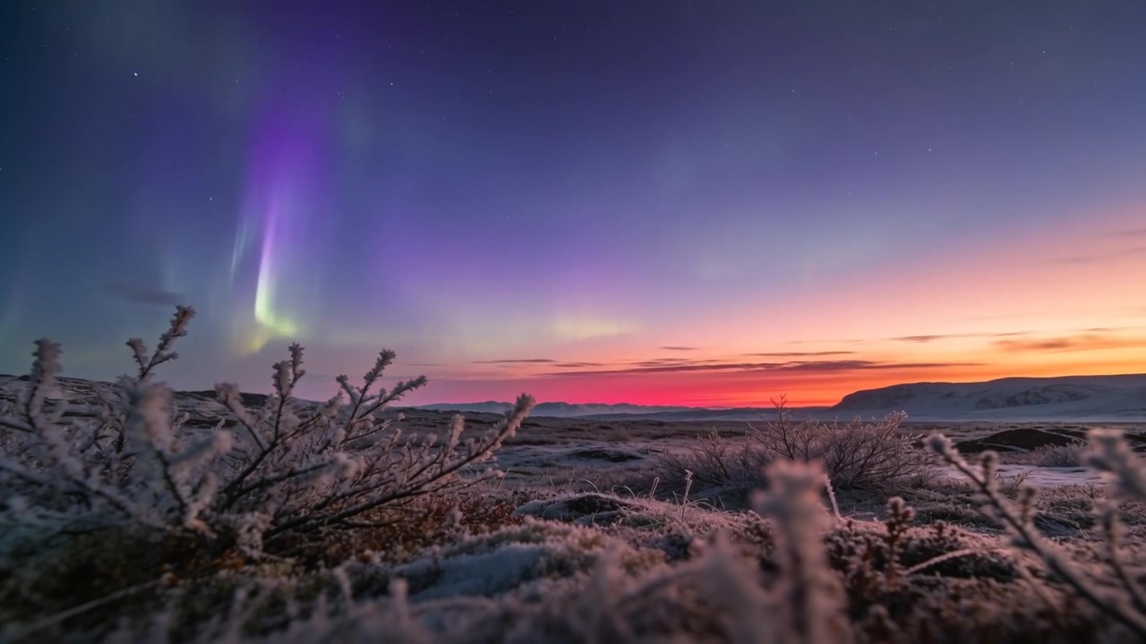 Nastri aurorali danzanti che si spostano e svaniscono mentre l'orizzonte si schiarisce verso l'alba sopra arbusti ghiacciati.