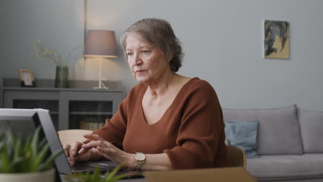 focused woman typewritting at laptop sitting at desk at home