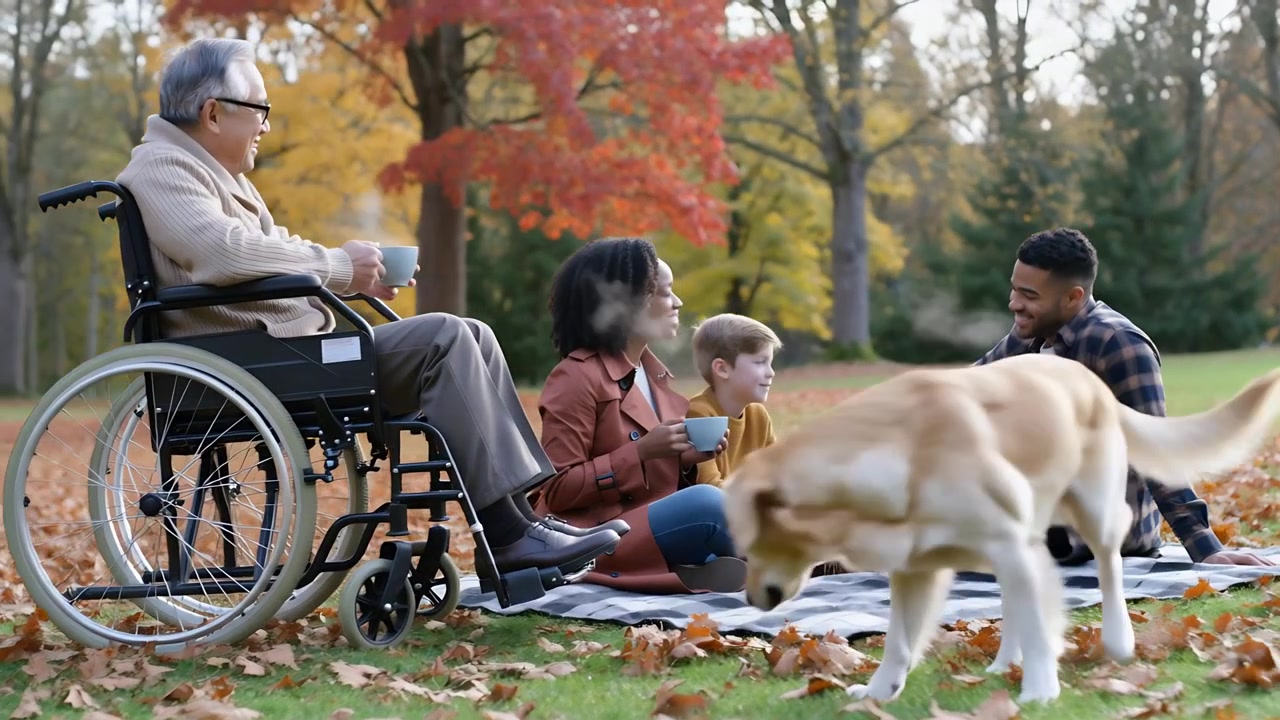 Gående labrador med en familj på en rutig filt i parken, en rullstolsburen senior sträcker sig efter en mugg.