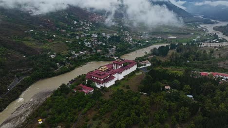 aerial panorama of punakha dzong palace on himalayan mountains in bhutan, south asia