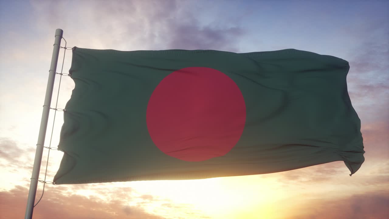 바람, 하늘 및 태양 배경에 흔들리는 방글라데시 국기