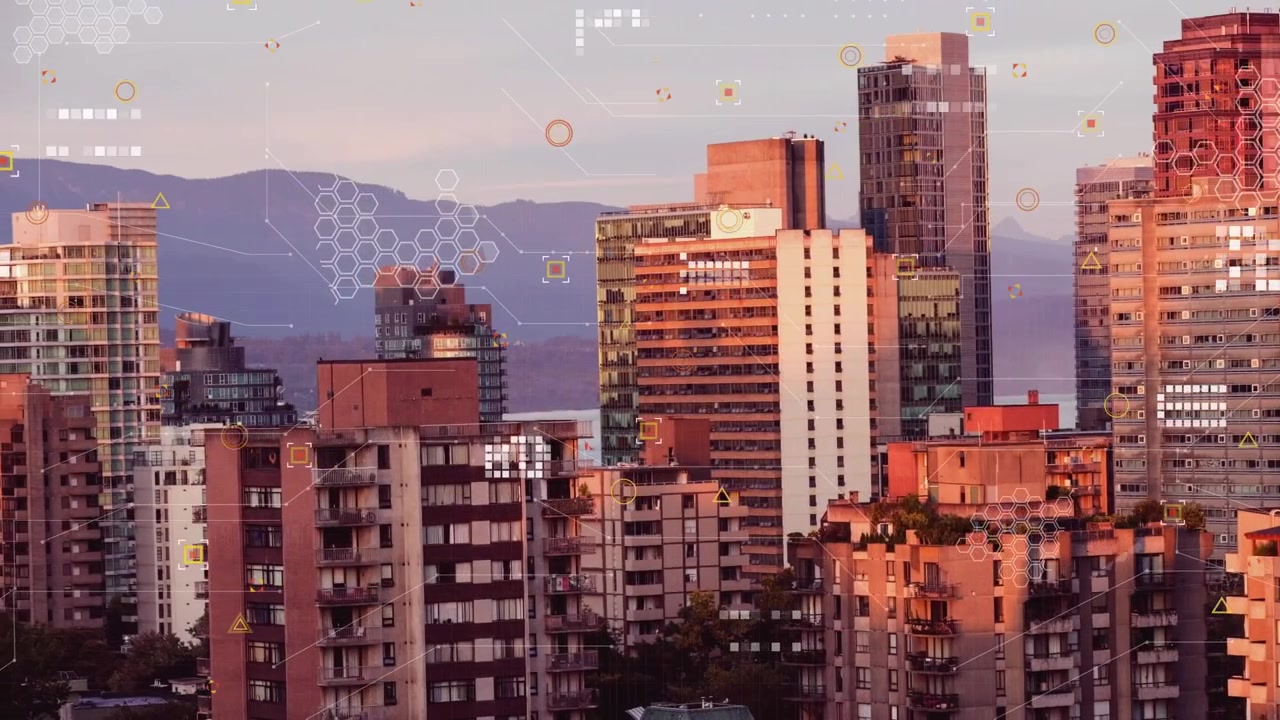 Animação de processamento de dados sobre a paisagem urbana