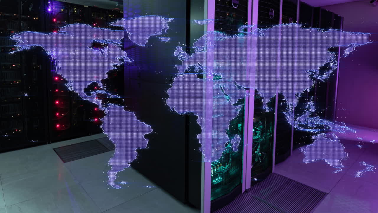 animación de la técnica de fallo en el mapa sobre el estante de servidor iluminado en la sala de servidores