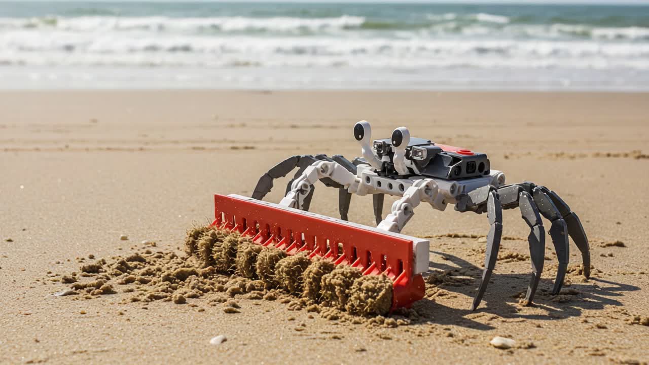 A Robotic Crab Mechanism Scuttles Along the Beach, Using Its Clever Design to Rake Sand and Create Patterns on the Shoreline in the Sunlight