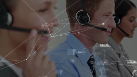 Animation-of-network-of-connections-over-business-people-wearing-phone-headsets