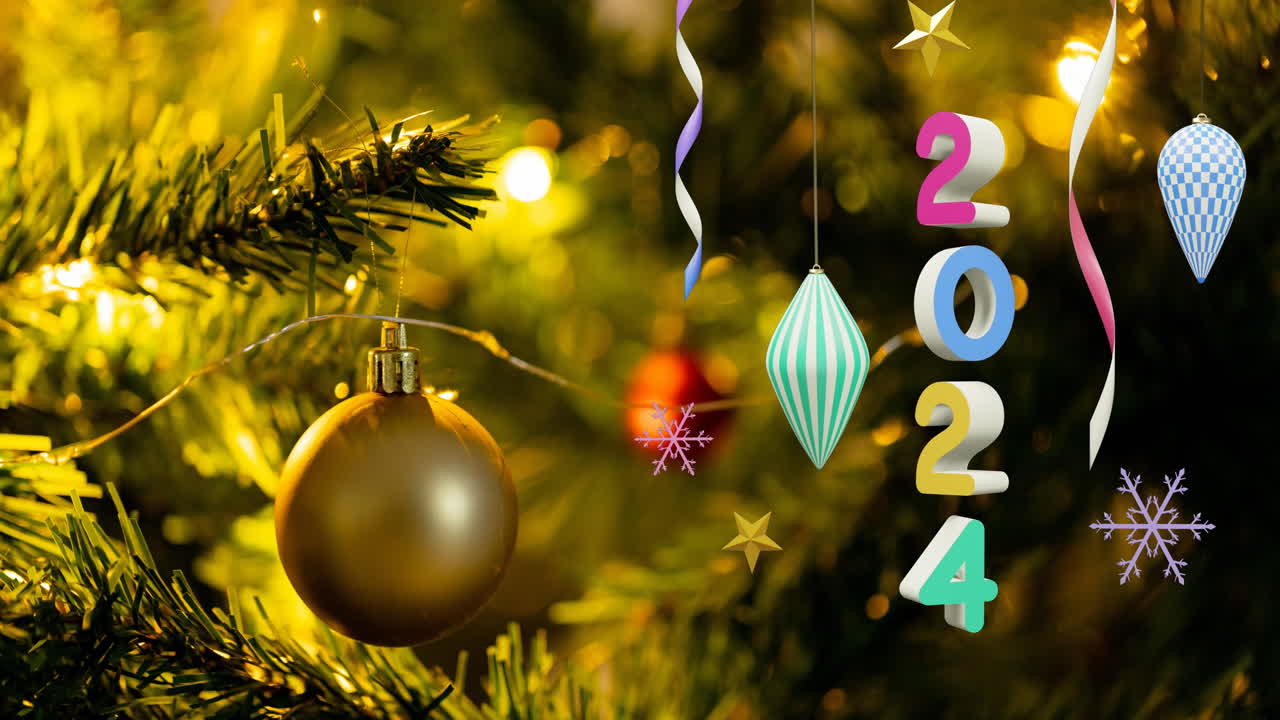 animación del texto de 2024 y decoraciones navideñas en el fondo