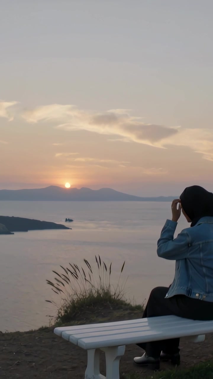 Video verticale: Donna in denim seduta su una panchina bianca che guarda il tramonto, mentre si sistema la sciarpa, con spazio per il testo