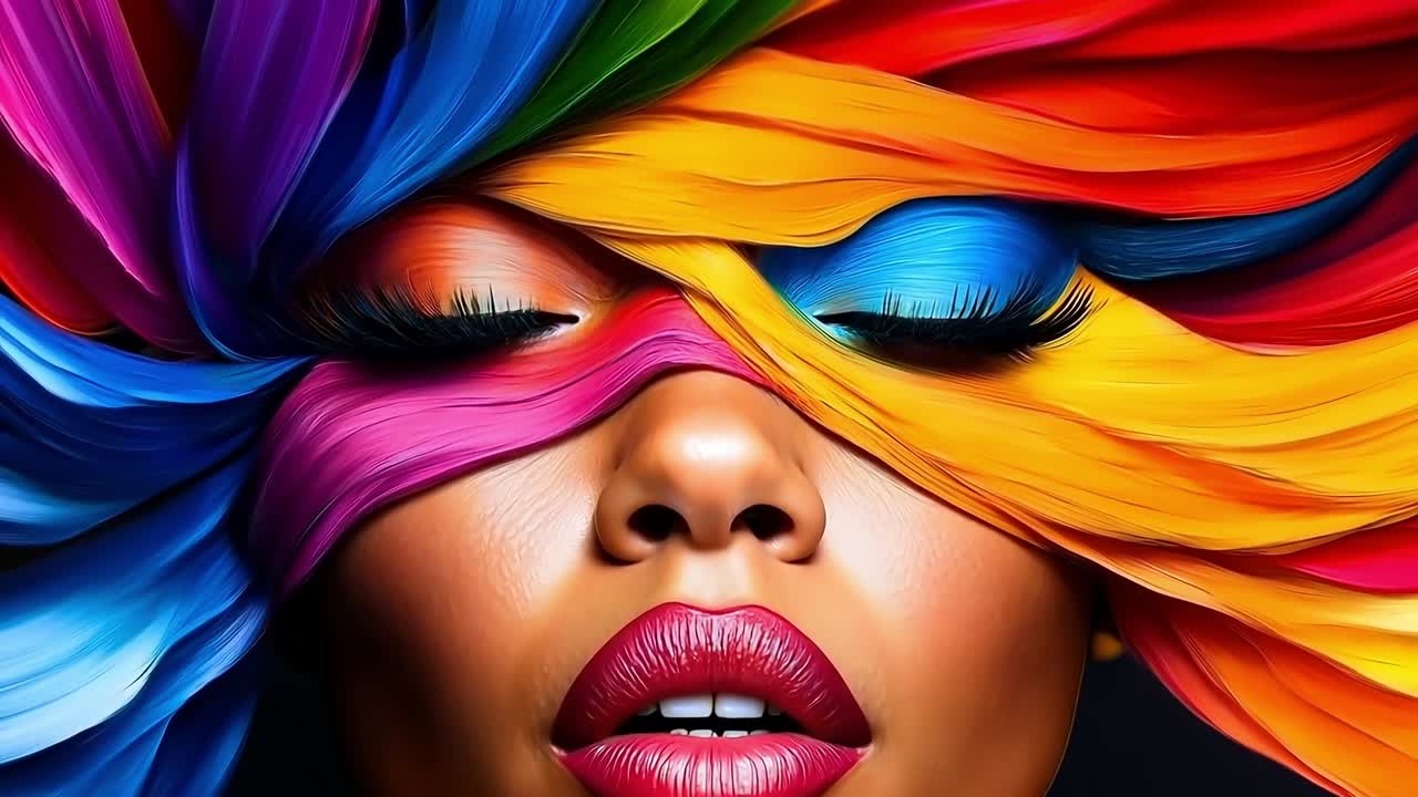 una mujer con cabello colorido cubriendo su cara con una máscara colorida