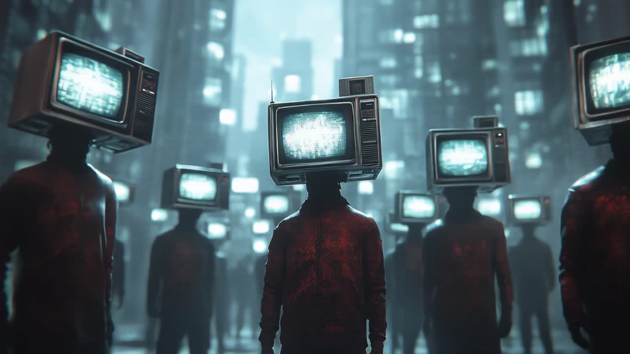 People with Retro TVs in a Futuristic City