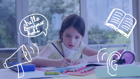 animación de iconos escolares sobre una niña caucásica enfocada con máscaras faciales haciendo la tarea