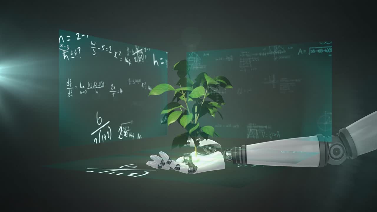Animation of plant over robot's arm and data processing on screens