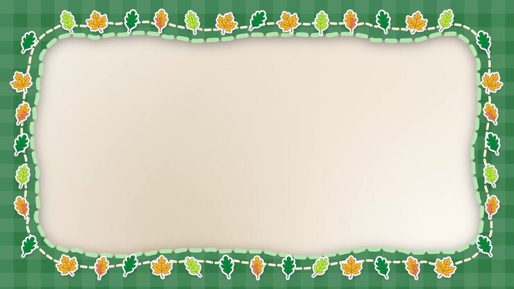 An animated green plaid border with stitched autumn leaves frames blank beige copy space.