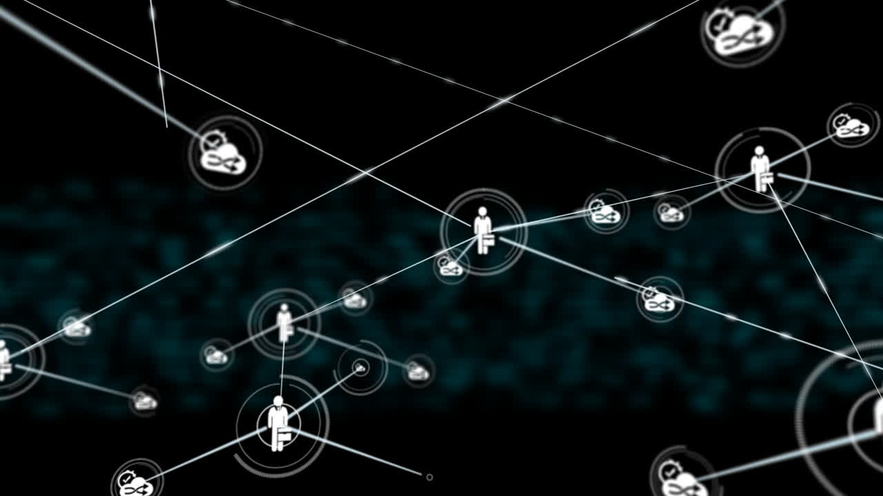Animation of network of connections with icons over shapes on black background