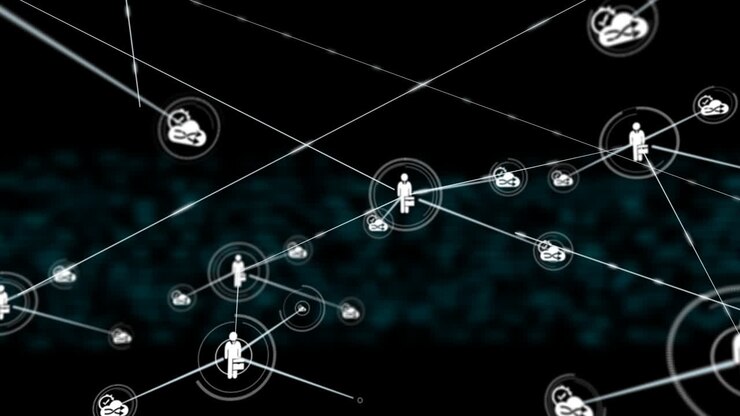Animation of network of connections with icons over shapes on black background