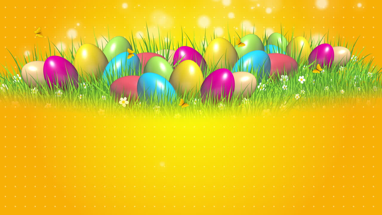Colorful painted Easter eggs on green grass with flowers and butterflies. Yellow spring animated background with empty space for text. Loop video.