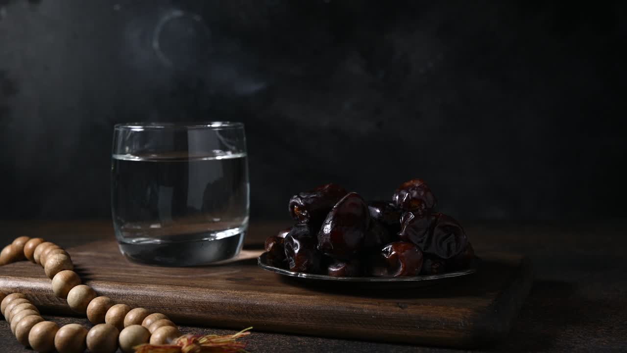 la mano de los hombres toma fechas de un cuenco sobre un fondo oscuro. ramadán. eid mubarak. tradición religiosa.