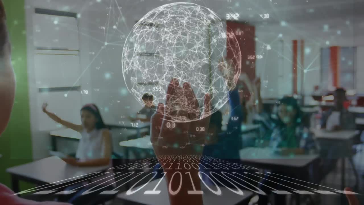 animación del procesamiento de datos sobre un grupo de niños diversos levantando la mano en la clase en la escuela