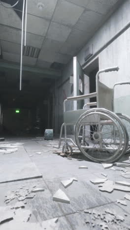 abandoned hospital hallway with wheelchair