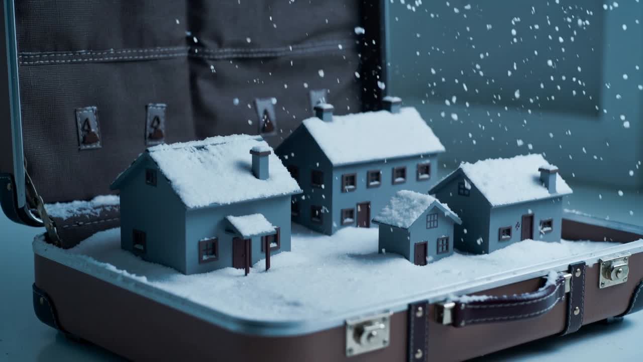 Starting snow machine releasing flakes over open suitcase diorama with four houses dusting roofs