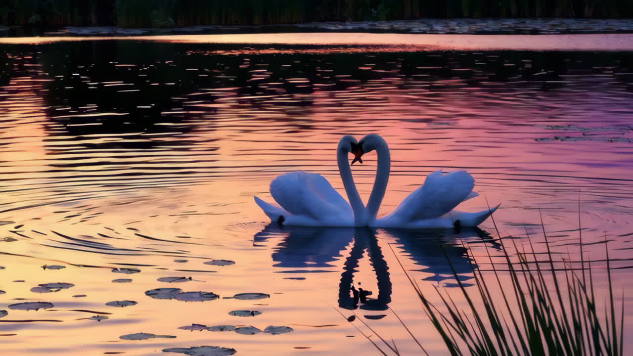 Swans in Love at Sunset