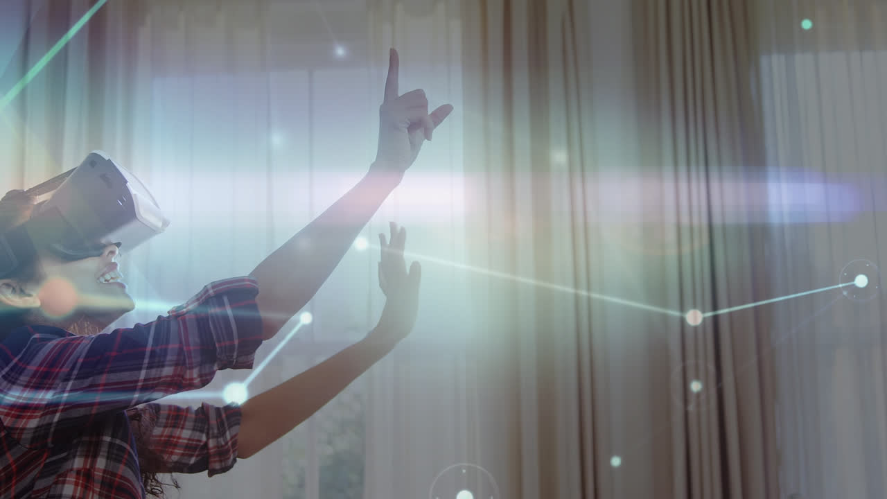 animación de la red de conexiones sobre mujer biracial usando auriculares vr