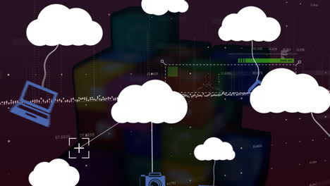animación del icono de las nubes sobre la interfaz digital y el procesamiento de datos