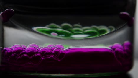 bottom of the flacon mixture of oil bubbles close up bottom of the flacon mixture of green and purple bubbles oil acrylicoil bubbles are drop down hourglass with acrylic and oil of pink and turquoise colors close up